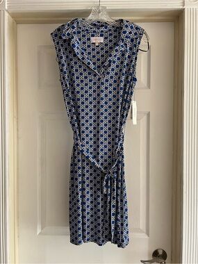 Laundry by Shelli Segal Sleeveless Blue Geometric Print Belted Dress